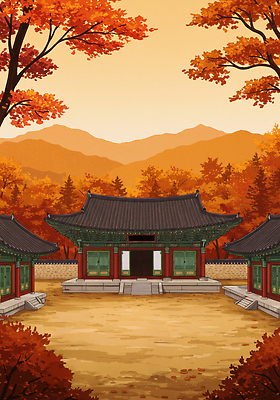 JPG 문화 여행 단풍 일러스트 자연 하늘 산 한국 국립공원 풍경 햇빛 평화 고요 금색 가을 역사 조용 뷰티풀 국내일러스트 AI일러스트 AI콘텐츠 계절 공원 아시아 컬러 컨셉 잎 태양 생태계 파일형식