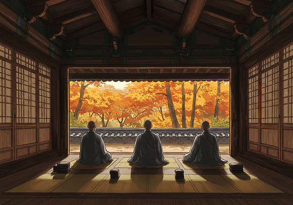 JPG 나무 전통 문화 창 컬러 단풍 일러스트 자연 대화 풍경 평화 고요 모임 가을 마음 사찰 차 승려 명상 힐링 사색 국내일러스트 AI일러스트 AI콘텐츠 식물 계절 무기 음료 컨셉 잎 생각 종교건축 말하기 성직자 생태계 파일형식