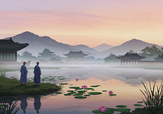 JPG 전통 고건축 일러스트 자연 아침 산 한국 연꽃 풍경 물 평화 정원 고요 안개 연못 사찰 승려 명상 뷰티풀 선인 국내일러스트 AI일러스트 AI콘텐츠 주간 자연요소 건축물 꽃 아시아 컨셉 종교건축 날씨 성직자 생태계 파일형식