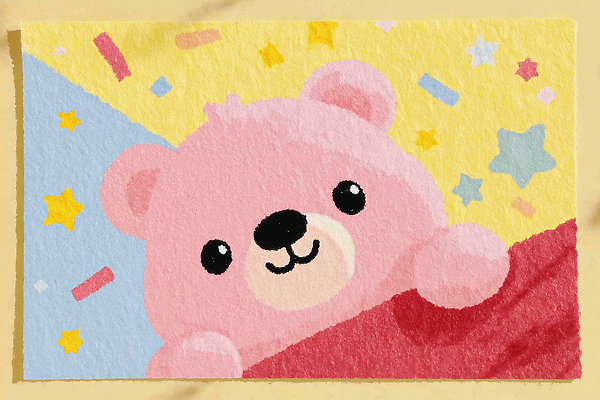 JPG 캐릭터 별 인형 분홍색 컬러 백그라운드 일러스트 곰 미소 장식 장난감 귀여움 호기심 그림 밝은색 국내일러스트 AI일러스트 AI콘텐츠 자연요소 동물 감정 컨셉 포유류 표정 파일형식