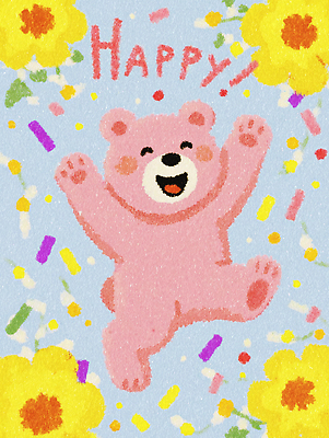 JPG 캐릭터 디자인 꽃 행복 예술 분홍색 컬러 일러스트 곰 모션 표정 장식 기쁨 표현 그림 생동감 자아 국내일러스트 AI일러스트 AI콘텐츠 식물 동물 감정 포유류 파일형식