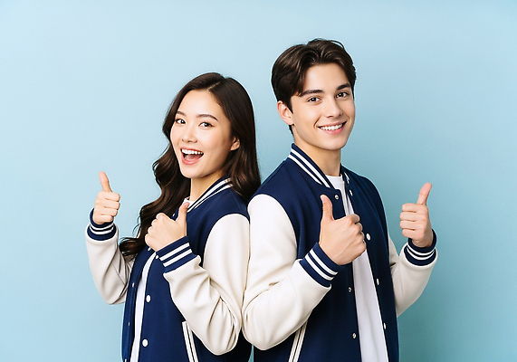 JPG 편집이미지 커플 옷 포즈 백그라운드 표정 밝음 웃음 파란색 친구 엄지손가락 자신감 즐거움 성별 소통 의료성형뷰티 편집실사 AI인물포토 AI콘텐츠 감정 컬러 컨셉 손가락 관계 CG 파일형식 AI포토