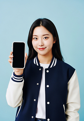 JPG 편집이미지 패션 기술 표정 미소 캐주얼 스마트폰 디지털 재킷 편안함 파란배경 소통 의료성형뷰티 편집실사 AI인물포토 AI콘텐츠 옷 백그라운드 컨셉 파란색 핸드폰 스마트기기 외투 감각 CG 파일형식 AI포토