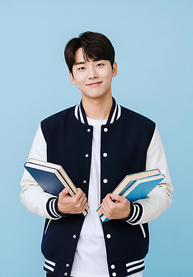 JPG 편집이미지 학생 교육 남자 포즈 청소년 웃음 소년 책 학습 독서 재킷 매력적 분위기 두권 의료성형뷰티 편집실사 AI인물포토 AI콘텐츠 어린이 컨셉 2 표정 사람 외투 CG 파일형식 AI포토