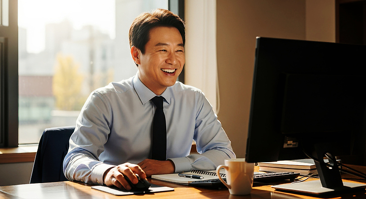 JPG 편집이미지 남자 커피 아침 미소 웃음 컴퓨터 사무실 작업 분위기 편안함 책상 의료성형뷰티 편집실사 AI인물포토 AI콘텐츠 주간 음료 가구 컨셉 비즈니스 표정 사람 전자제품 감각 CG 파일형식 AI포토