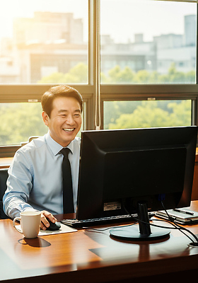 JPG 편집이미지 남자 행복 커피 탁자 직장 미소 컴퓨터 사무실 햇빛 업무 작업 집중 의료성형뷰티 편집실사 AI인물포토 AI콘텐츠 감정 음료 가구 컨셉 회사 비즈니스 표정 사람 전자제품 태양 CG 파일형식 AI포토