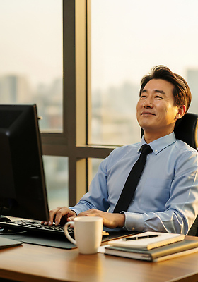 JPG 편집이미지 남자 커피 의자 아침 노트북 컴퓨터 사무실 키보드 도시 업무 작업 집중 인터넷창 의료성형뷰티 편집실사 AI인물포토 AI콘텐츠 주간 음료 가구 컨셉 인터넷 비즈니스 사람 전자제품 CG 파일형식 AI포토