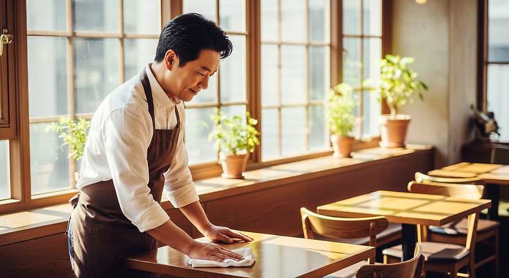 JPG 편집이미지 남자 가구 창문 탁자 아침 실내 일상 햇빛 식당 분위기 청소 직원 닦기 의료성형뷰티 편집실사 AI인물포토 AI콘텐츠 주간 생활용품 컨셉 모션 사람 내부 라이프 태양 상점 CG 파일형식 AI포토