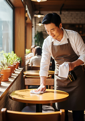JPG 편집이미지 남자 커피 탁자 인테리어 햇빛 식당 카페 분위기 편안함 청소 고객 직원 서비스 닦기 카페인 의료성형뷰티 편집실사 AI인물포토 AI콘텐츠 디자인 음료 가구 컨셉 모션 사람 태양 상점 감각 CG 파일형식 AI포토