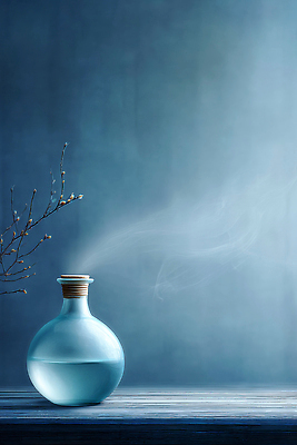 JPG 편집이미지 디자인 자연 유리병 실내 장식 물 파란색 나뭇가지 분위기 연기 편안함 소재 조화 이미지편집 AI컴퓨터그래픽 AI콘텐츠 자연요소 나무 컬러 컨셉 병_용기 내부 감각 생태계 파일형식