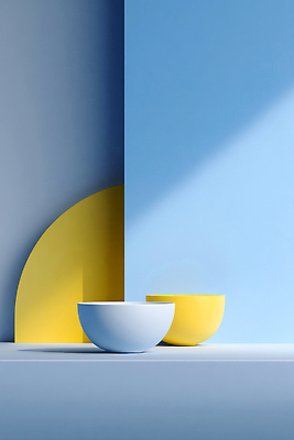 JPG 모양 편집이미지 접시 디자인 예술 컬러 백그라운드 조명 풍경 파란색 노란색 공간 비교 오브젝트 모던 이미지편집 AI컴퓨터그래픽 AI콘텐츠 식기 컨셉 파일형식