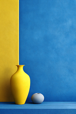 JPG 편집이미지 디자인 예술 컬러 백그라운드 장식 파란색 인테리어 노란색 꽃병 공간 모던 그림 기하학 조화 비율 이미지편집 AI컴퓨터그래픽 AI콘텐츠 꽃 무늬 파일형식