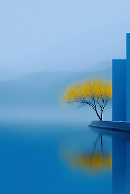 JPG 나무 편집이미지 자연 아침 산 풍경 물 파란색 반사 노란색 평화 고요 안개 고독 뷰티풀 이미지편집 AI컴퓨터그래픽 AI콘텐츠 주간 자연요소 식물 감정 컬러 컨셉 날씨 생태계 파일형식