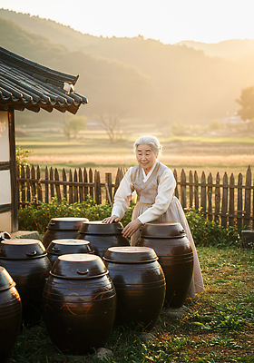 JPG 편집이미지 전통 할머니 한식 음식 재료 자연 한국 풍경 햇빛 농촌 시골 항아리 저녁 준비 김장 의료성형뷰티 편집실사 AI인물포토 AI콘텐츠 여자 노년 아시아 태양 도자기 야간 CG 생태계 파일형식 AI포토