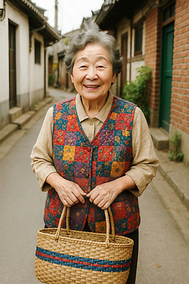 JPG 편집이미지 전통 여자 문화 할머니 자연 한국 따뜻함 미소 사람 바구니 골목길 전통의상 고향 의료성형뷰티 편집실사 AI인물포토 AI콘텐츠 노년 아시아 길 표정 CG 생태계 파일형식 AI포토