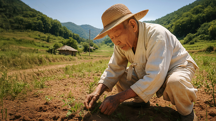JPG 편집이미지 전통 밭 농업 채소 자연 아침 햇빛 평화 골짜기 농사 수확 작업 농부 땅 심기 의료성형뷰티 편집실사 AI인물포토 AI콘텐츠 주간 직업 산업 컨셉 모션 태양 CG 생태계 파일형식 AI포토