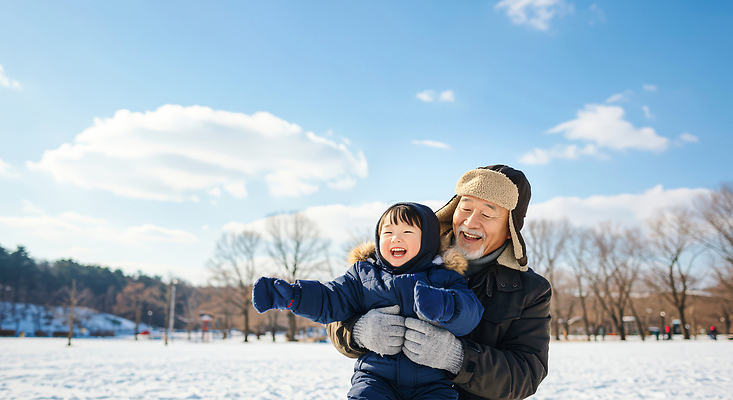 JPG 편집이미지 공원 할아버지 행복 어린이 겨울 가족 눈사람 놀이 손자 웃음 눈 즐거움 의료성형뷰티 편집실사 AI인물포토 AI콘텐츠 자연요소 계절 공공시설 노년 남자 감정 관계 날씨 표정 사람 손주 CG 파일형식 AI포토