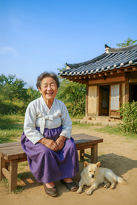 JPG 편집이미지 전통 할머니 가족 자연 한옥 한국 웃음 평화 농촌 시골 개 전통의상 오후 의료성형뷰티 지역사회 편집실사 AI인물포토 AI콘텐츠 한국전통 여자 노년 아시아 컨셉 고건축 포유류 관계 표정 CG 생태계 파일형식 AI포토