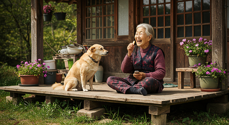 JPG 편집이미지 꽃 행복 화분 할머니 자연 날씨 초가집 대화 웃음 여름 친구 평화 마루 강아지 소통 의료성형뷰티 편집실사 AI인물포토 AI콘텐츠 식물 계절 여자 노년 감정 컨셉 관계 한옥 바닥 표정 말하기 반려동물 개 CG 생태계 파일형식 AI포토
