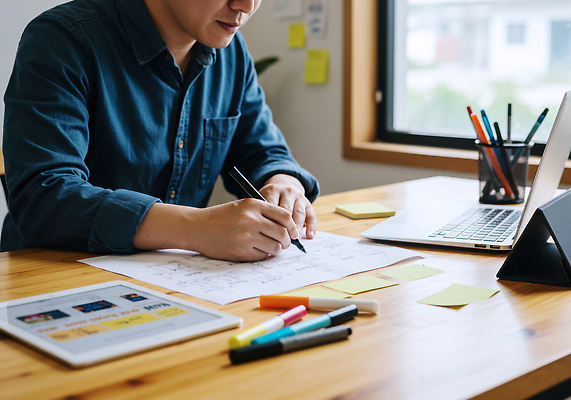 JPG 편집이미지 남자 탁자 회의 아이디어 필기구 공책 기록 작업 편안함 집중 창가 포스트잇 창의성 의료성형뷰티 편집실사 AI인물포토 AI콘텐츠 가구 컨셉 비즈니스 창문 문구용품 사람 메모지 감각 CG 파일형식 AI포토
