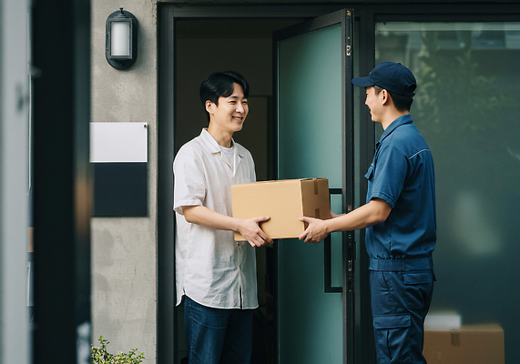 JPG 편집이미지 남자 주택 대화 미소 일상 운송업 배달원 상품 고객 배송 서비스 택배 소통 의료성형뷰티 편집실사 AI인물포토 AI콘텐츠 직업 산업 컨셉 표정 말하기 사람 건물 라이프 CG 파일형식 AI포토