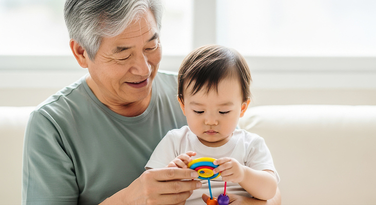 JPG 편집이미지 할아버지 행복 컬러 가족 놀이 사랑 웃음 장난감 햇빛 아기 시간 손주 소통 오후 의료성형뷰티 편집실사 AI인물포토 AI콘텐츠 노년 남자 감정 컨셉 관계 표정 사람 태양 CG 파일형식 AI포토
