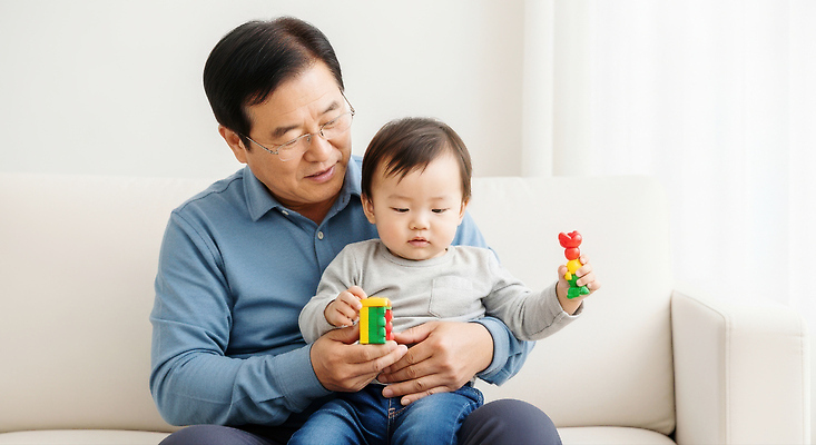 JPG 편집이미지 할아버지 거실 가족 놀이 따뜻함 사랑 웃음 부모 장난감 아기 즐거움 소통 교감 순간 의료성형뷰티 편집실사 AI인물포토 AI콘텐츠 노년 남자 감정 컨셉 관계 표정 사람 CG 파일형식 AI포토