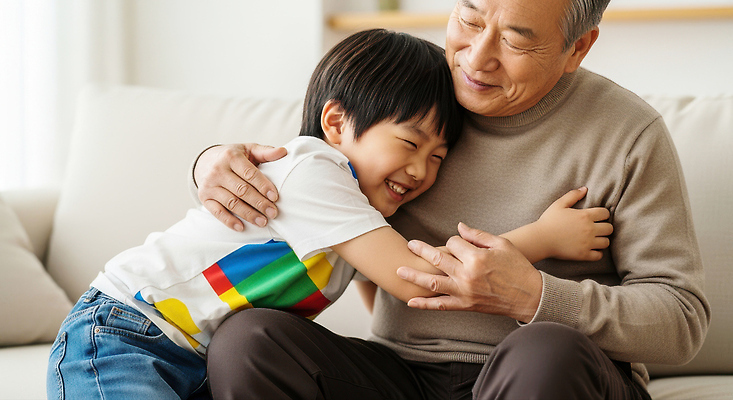 JPG 편집이미지 할아버지 행복 가족 관계 포옹 손자 따뜻함 사랑 웃음 객실 소통 순간 의료성형뷰티 유대감 편집실사 AI인물포토 AI콘텐츠 노년 남자 감정 컨셉 안기 표정 손주 CG 파일형식 AI포토