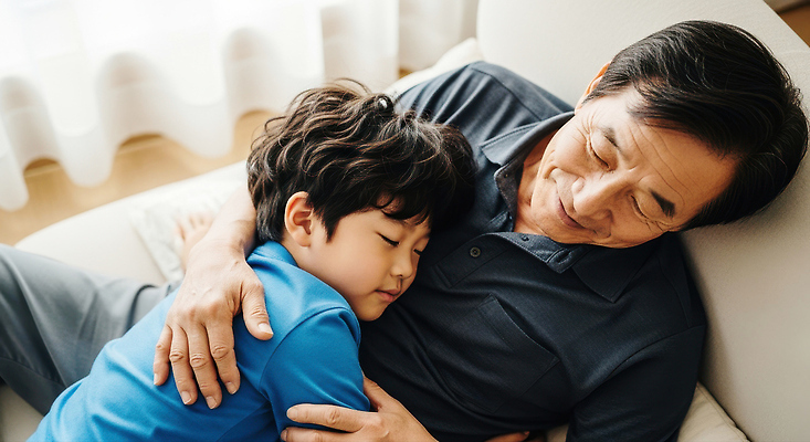 JPG 편집이미지 할아버지 행복 가족 포옹 손자 대화 사랑 소파 오후 의료성형뷰티 안락 차분 편집실사 AI인물포토 AI콘텐츠 노년 남자 감정 컨셉 의자 관계 안기 말하기 손주 CG 파일형식 AI포토