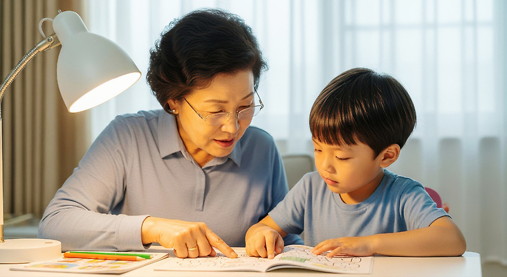 JPG 편집이미지 교육 할머니 어린이 가족 손자 대화 사랑 책 학습 독서 가르침 읽기 즐거움 교감 오후 의료성형뷰티 편집실사 AI인물포토 AI콘텐츠 여자 노년 남자 감정 관계 모션 말하기 사람 손주 CG 파일형식 AI포토