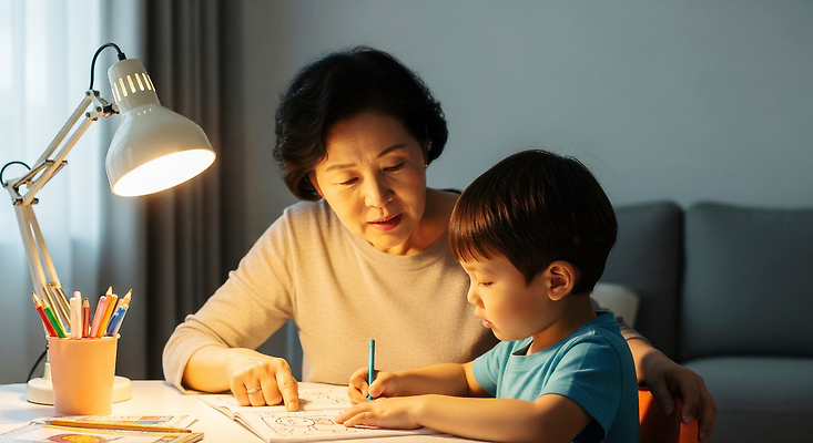 JPG 편집이미지 할머니 어린이 가족 모션 손자 대화 학습 방 시간 책상 즐거움 창의력 의료성형뷰티 편집실사 AI인물포토 AI콘텐츠 여자 교육 노년 남자 감정 가구 관계 말하기 사람 손주 CG 파일형식 AI포토