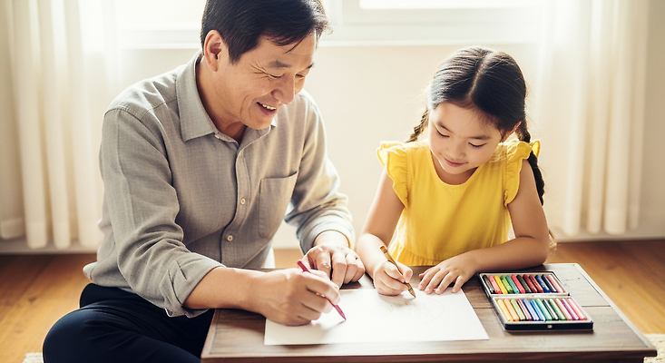 JPG 편집이미지 할아버지 가족 모션 놀이 탁자 손녀 실내 대화 웃음 시간 색칠 그리기 창가 교감 의료성형뷰티 편집실사 AI인물포토 AI콘텐츠 여자 노년 남자 가구 창문 관계 표정 말하기 내부 손주 CG 파일형식 AI포토