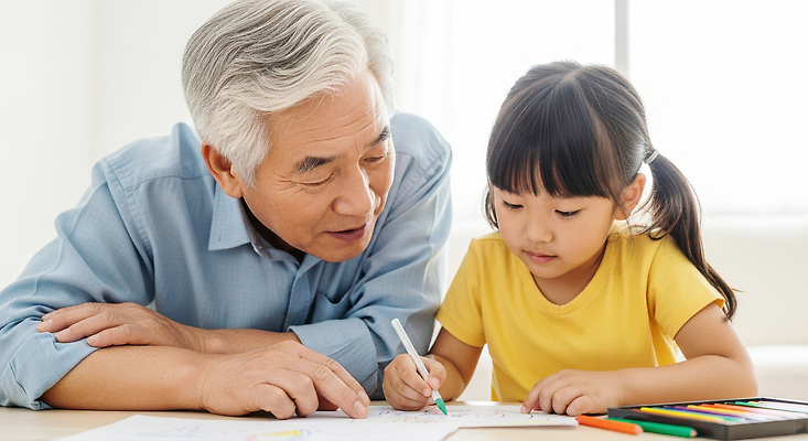 JPG 편집이미지 할아버지 어린이 가족 모션 손녀 따뜻함 사랑 생활 시간 색칠 창가 책상 그림 소통 의료성형뷰티 편집실사 AI인물포토 AI콘텐츠 여자 노년 남자 감정 가구 컨셉 창문 관계 사람 손주 CG 파일형식 AI포토