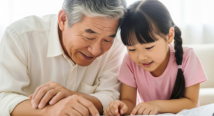 JPG 편집이미지 할아버지 행복 어린이 가족 관계 놀이 손녀 대화 사랑 소파 시간 즐거움 소통 의료성형뷰티 유대감 편집실사 AI인물포토 AI콘텐츠 여자 노년 남자 감정 컨셉 의자 말하기 사람 손주 CG 파일형식 AI포토