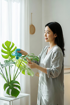 JPG 식물 편집이미지 여자 행복 잎 실내 관리 일상 환경 공간 편안함 청소 정리 손수건 손질 의료성형뷰티 편집실사 AI포토 AI인물포토 AI콘텐츠 감정 사람 내부 라이프 감각 CG 파일형식