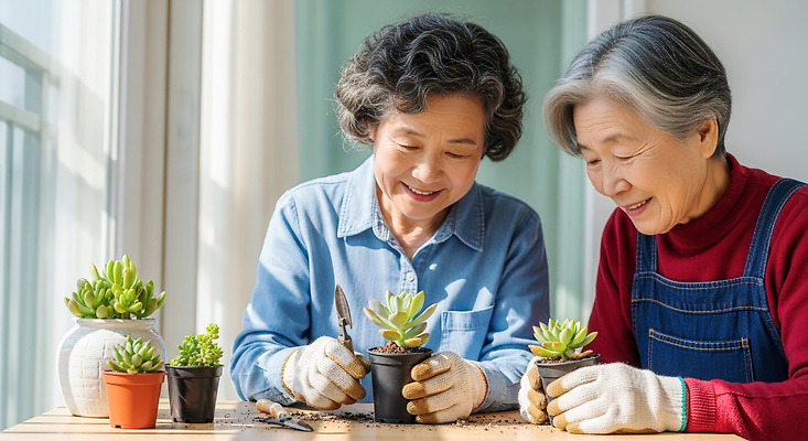 JPG 편집이미지 노년 행복 화분 자연 탁자 대화 웃음 취미 여름 정원 원예 다육식물 식물심기 의료성형뷰티 편집실사 AI포토 AI인물포토 AI콘텐츠 식물 계절 감정 가구 표정 말하기 성인 CG 생태계 심기 파일형식