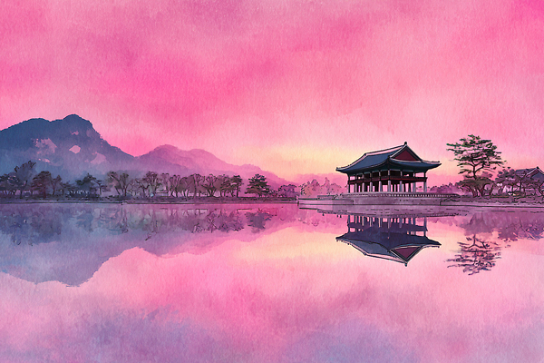 JPG 나무 여행 일러스트 수채화 산 한옥 풍경 일몰 궁전 연못 조용 뷰티풀 고택 국내일러스트 AI일러스트 AI콘텐츠 식물 한국전통 건축물 고건축 노을 파일형식