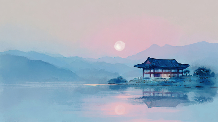JPG 전통 실루엣 호수 일러스트 자연 하늘 산 한옥 한국 풍경 물 반사 고요 일몰 궁전 뷰티풀 국내일러스트 AI일러스트 AI콘텐츠 자연요소 한국전통 아시아 고건축 촬영기법 노을 생태계 파일형식