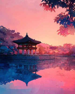 JPG 나무 건축 호수 일러스트 자연 한옥 한국 고요 일몰 궁전 숲 감성 조화 뷰티풀 국내일러스트 AI일러스트 AI콘텐츠 식물 한국전통 아시아 컨셉 고건축 노을 생태계 파일형식