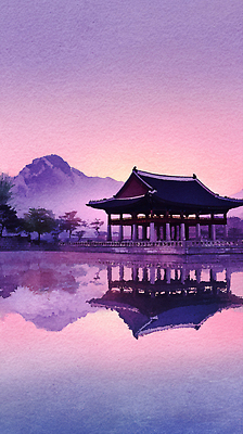 JPG 전통 건축물 문화 호수 여행 일러스트 자연 산 한옥 한국 풍경 반사 평화 일몰 궁전 뷰티풀 국내일러스트 AI일러스트 AI콘텐츠 한국전통 건축 아시아 컨셉 고건축 노을 생태계 파일형식