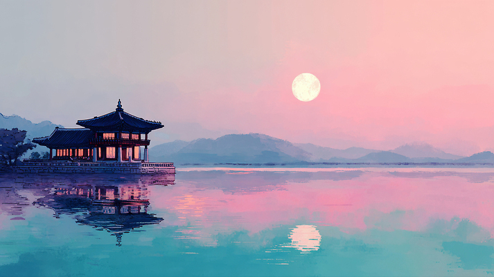 JPG 구름 건축 호수 일러스트 자연 하늘 산 한옥 풍경 반사 고요 일몰 궁전 수면 저녁 달빛 뷰티풀 국내일러스트 AI일러스트 AI콘텐츠 자연요소 한국전통 고건축 물 노을 달 야간 생태계 파일형식