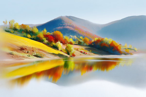 JPG 나무 호수 컬러 일러스트 자연 하늘 아침 산 풍경 반사 평화 소리 고요 감상 가을 시세 뷰티풀 경관 국내일러스트 AI일러스트 AI콘텐츠 주간 식물 계절 컨셉 금융 생태계 파일형식