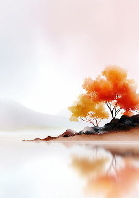 JPG 나무 호수 여유 물결 단풍 일러스트 자연 산 풍경 반사 일출 고요 매력적 가을 바위 고독 조화 색감 탐방 차분 국내일러스트 AI일러스트 AI콘텐츠 식물 계절 감정 컨셉 잎 노을 돌_바위 생태계 파일형식