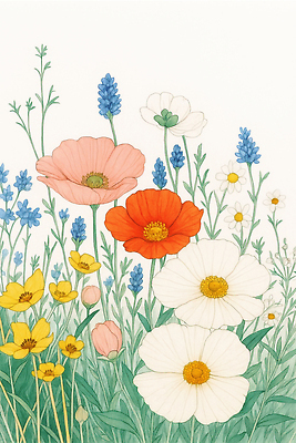 JPG 식물 꽃 컬러 꽃밭 일러스트 자연 생명 바람 풍경 초원 햇빛 평화 봄 소중 향기 부드러움 화사함 조화 만개 뷰티풀 국내일러스트 AI일러스트 AI콘텐츠 자연요소 계절 컨셉 날씨 태양 감각 생태계 냄새 파일형식