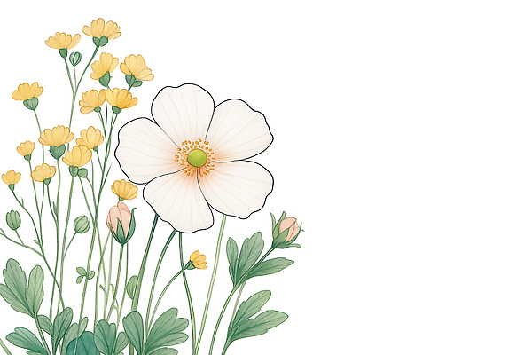 JPG 식물 꽃 컬러 잎 일러스트 자연 생명 풍경 앞모습 초록색 노란색 정원 봄 흰색 수줍음 화사함 뷰티풀 국내일러스트 AI일러스트 AI콘텐츠 계절 감정 뷰포인트 컨셉 생태계 파일형식