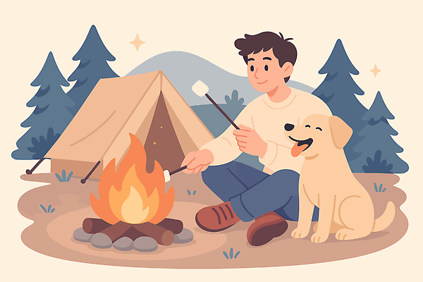 사계절 남자 행복 반려견 일러스트 가족 자연 불꽃 따뜻함 텐트 취미 친구 반려동물 야외활동 캠핑 숲 모닥불 즐거움 마시멜로우 국내일러스트 AI파일 동물 계절 감정 관계 불 레저 디저트 캠핑도구 사람 개 생태계 파일형식 벡터