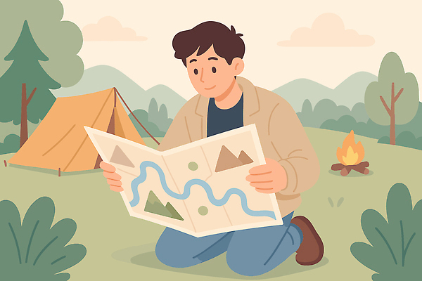 남자 여행 지도 일러스트 가족 모션 자연 휴식 산 텐트 취미 야외 친구 캠핑 탐험 도전 계획 모닥불 즐거움 주말 탐방 국내일러스트 AI파일 감정 컨셉 관계 불 레저 캠핑도구 사람 생태계 파일형식 벡터