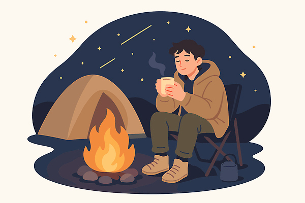 남자 별 음료 의자 일러스트 자연 불 휴식 따뜻함 텐트 취미 야외 캠핑 시간 저녁 편안함 모닥불 즐거움 별빛 차분 국내일러스트 AI파일 자연요소 감정 가구 컨셉 레저 캠핑도구 사람 빛 감각 야간 생태계 파일형식 벡터