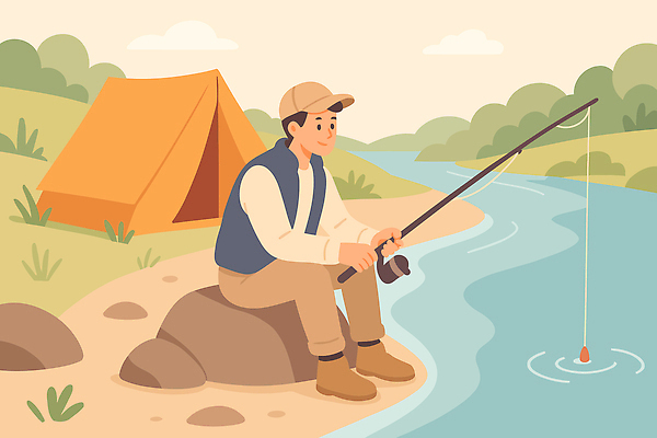 남자 여유 여행 일러스트 자연 낚시 휴식 텐트 어류 풍경 취미 여름 강 소풍 야외활동 평화 캠핑 돌_바위 낚싯대 강가 즐거움 국내일러스트 AI파일 계절 감정 컨셉 레저 캠핑도구 사람 수중동물 낚시용품 생태계 파일형식 벡터