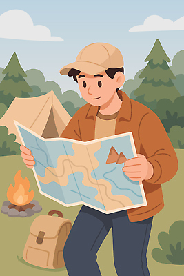 모자 남자 여행 지도 일러스트 배낭 모션 자연 산 아웃도어 텐트 야외 여름 캠핑 탐험 계획 숲 모닥불 즐거움 지형 국내일러스트 AI파일 잡화 계절 감정 컨셉 가방 불 레저 캠핑도구 사람 생태계 파일형식 벡터